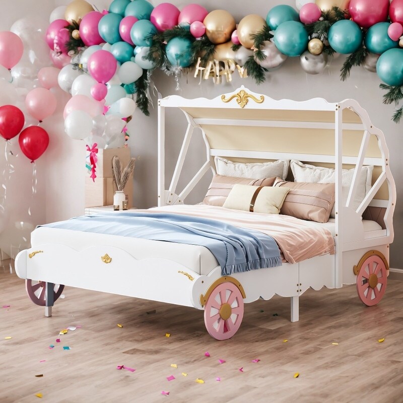White Pink Full Size Platform Bed Car Bed with Canopy Kids Princess Carriage Bed